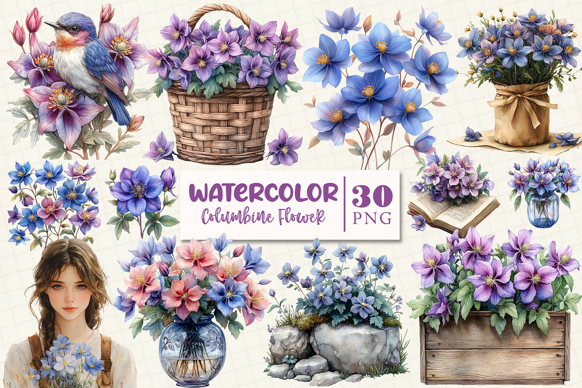 Spring Columbine Flower Clipart, a Work Illustration by OK Design (Photo 1 of 5)