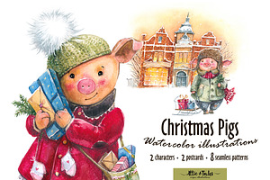 Watercolor Cute Christmas Pigs