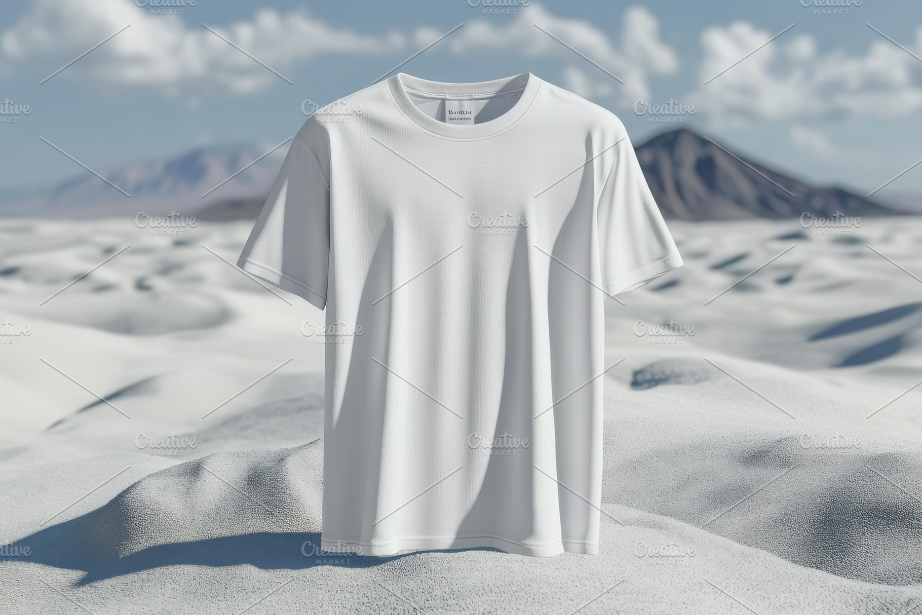White T-shirt in Desert Landscape Mi, a Beauty & Fashion Photo by Pixeness Studio