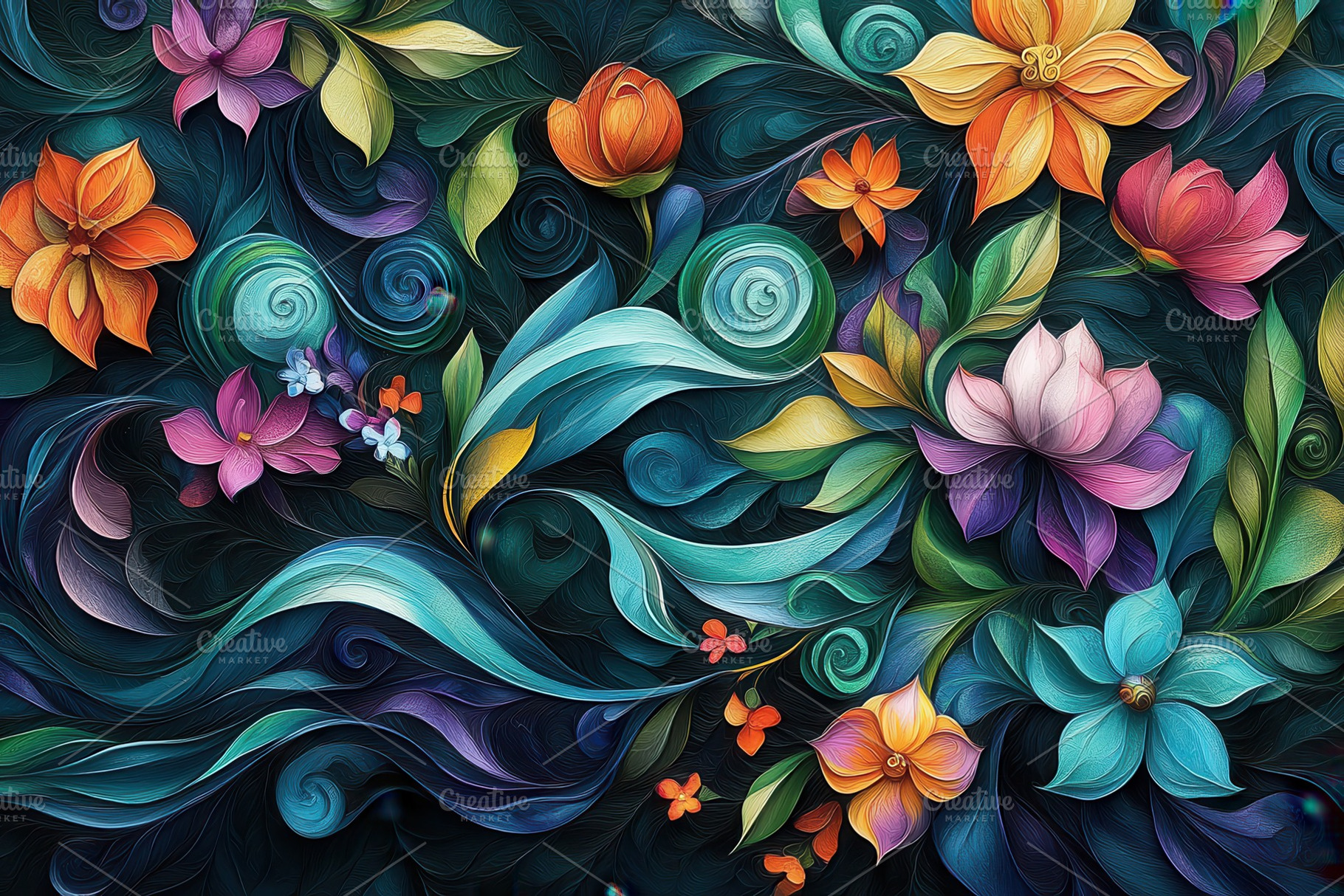 Vivid floral artwork swirling teal a, a Photo by Pixeness Studio