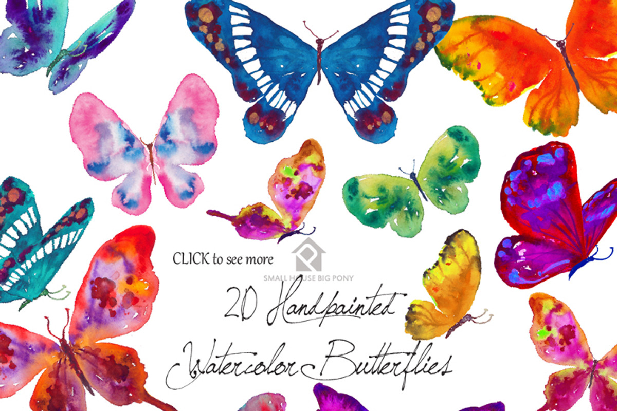 20 Watercolor Butterflies, an Illustration by SmallHouseBigPony (Photo 2 of 4)