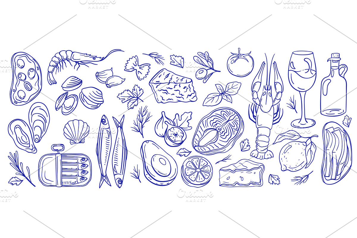 Mediterranean diet seafood. Shrimp, an Object Illustration by winwin.art