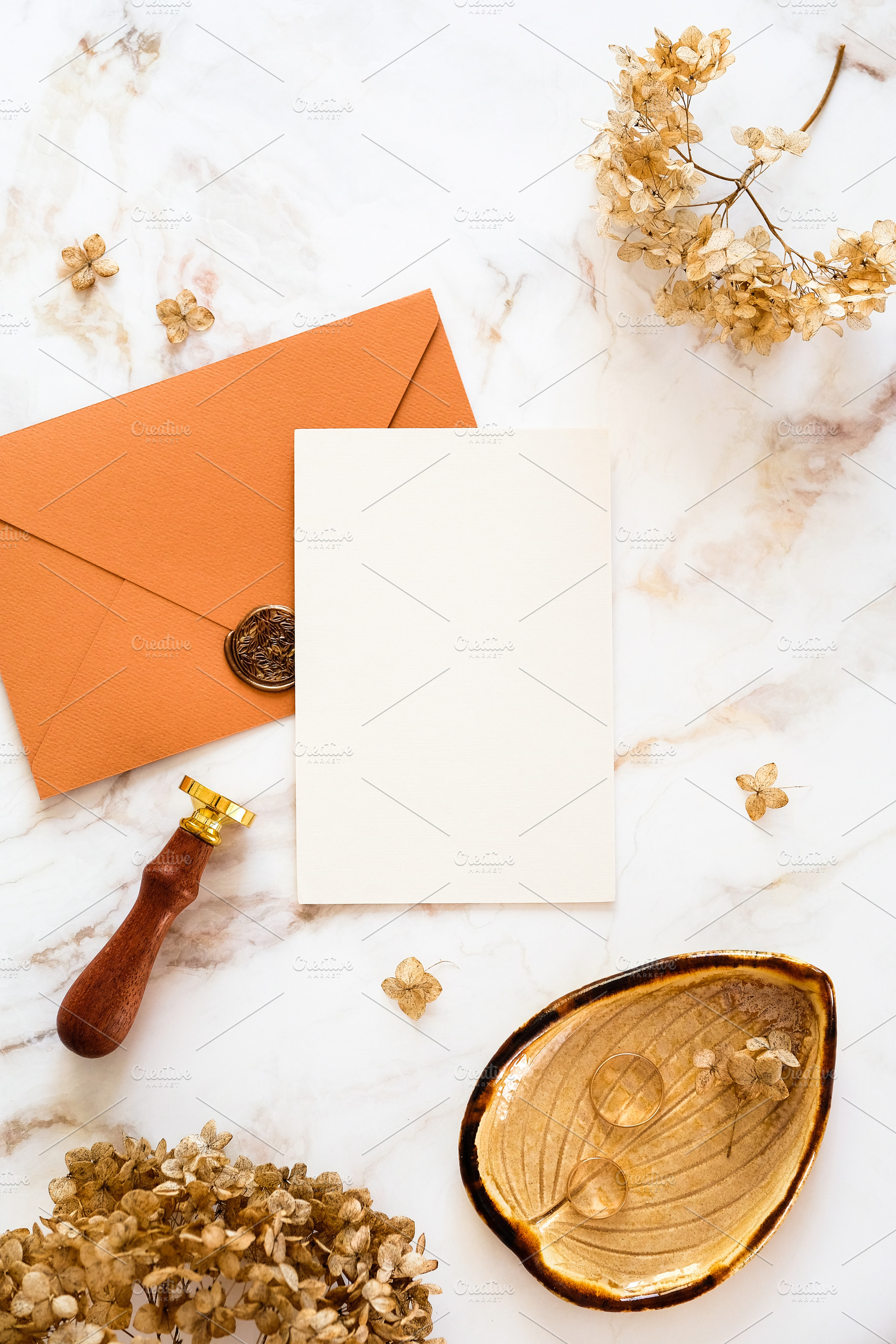 Autumn flat lay composition with wedding stationery set, blank paper card, gold, a Holiday Photo by photoguns