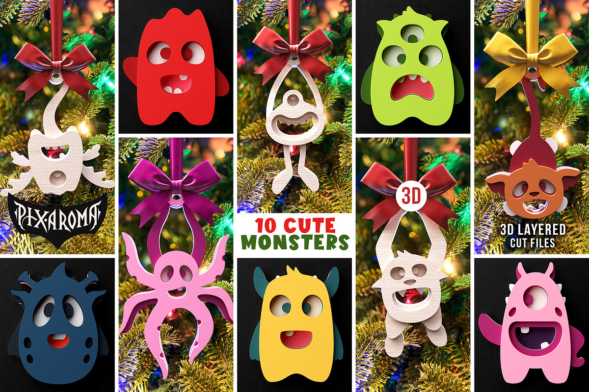 10 Cute Monsters 3D Layered Cut File, an Illustration by pixaroma (Photo 1 of 13)
