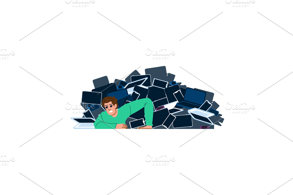 Stressed man drowning in pile of, a Technology Illustration by pikepicture