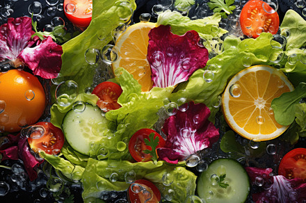 Fresh vegetable salad with citrus, cherry tomatoes, and lettuce, a Photo by Dvoevnore photos