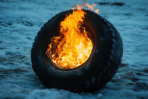 Burning tire emits bright flames ami, a Photo by Tanuart