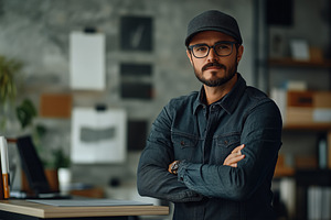 A stylish man AI Architect with a beard and glasses stands confidently with arm, a Person Photo by Textures & Backgrounds