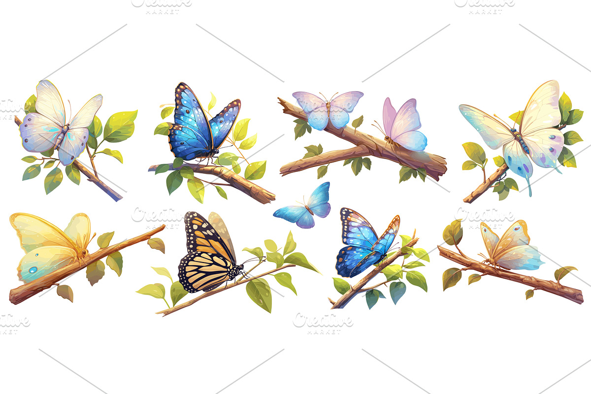 Butterflies cartoon set. White blue, an Object Illustration by Stock-Smart-Start