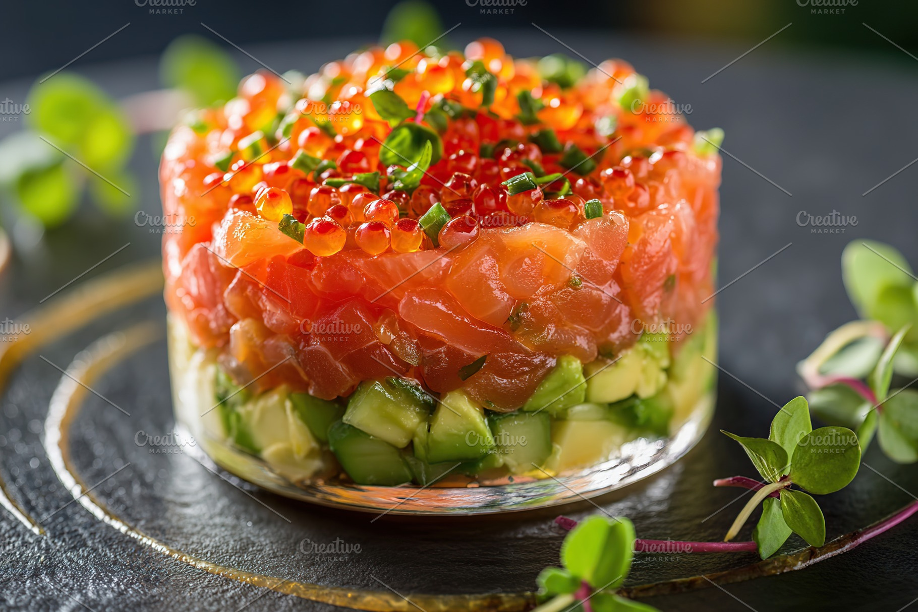 Delicious layered salmon tartare with fresh avocado and vibrant roe served on a, a Food & Drink Photo by AlyaAnd