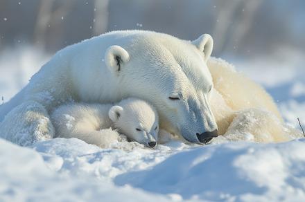 Polar bear mother and cub resting in, an Animal Photo by Pixeness