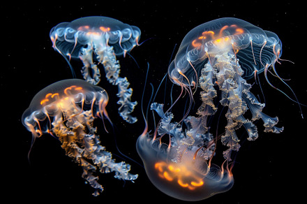 Three jellyfish glide effortlessly t, a Photo by Tanuart
