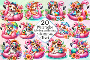 Summer Baby Dogs on Flamingo Clipart, a Graphic by SinaCreation