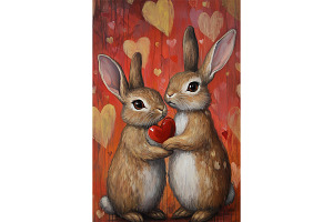 Bunny Couple Holding Heart Wall Art, an Animal Illustration by Art Paradise Studios