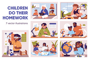 Kids studying, doing homework set