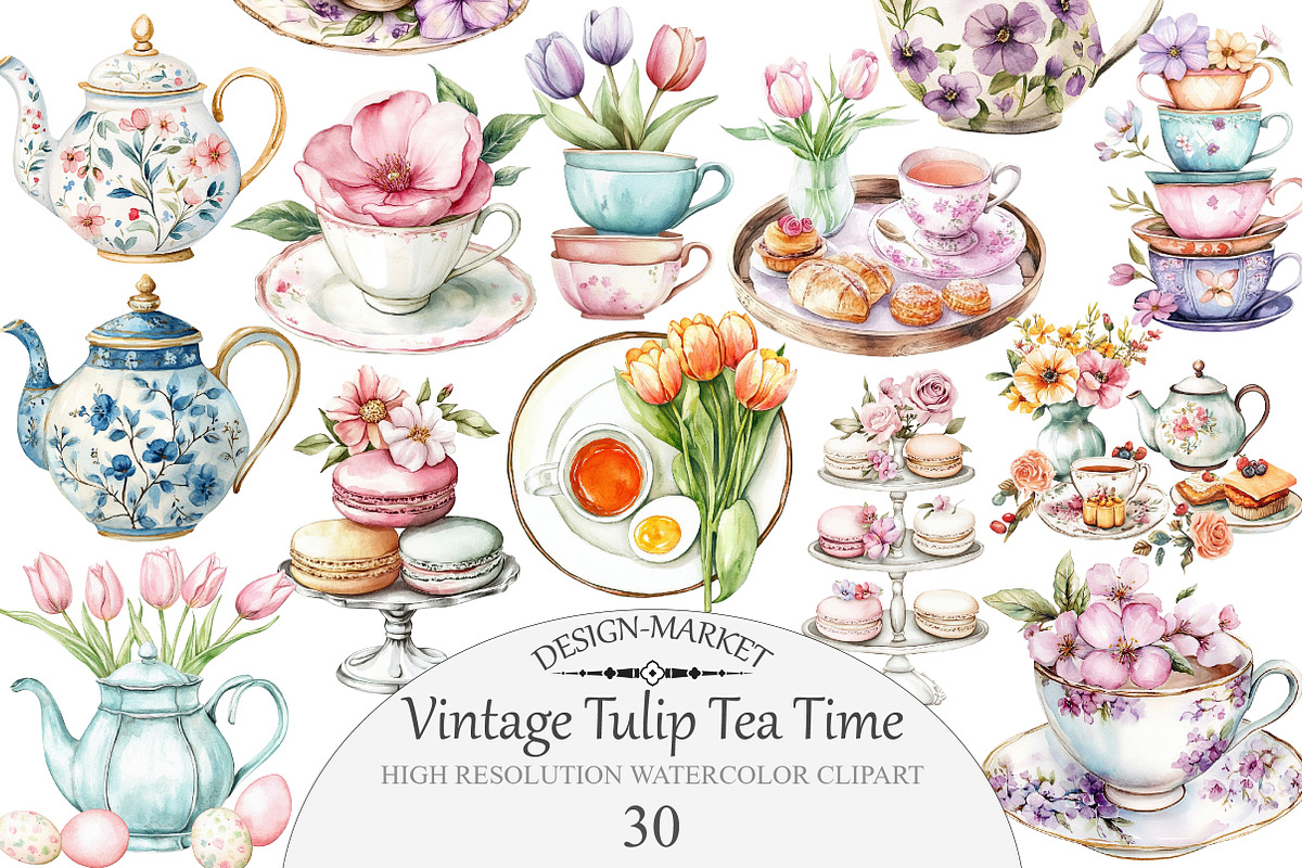 Watercolor Vintage Tulip Tea Time Cl, an Illustration by Design Market (Photo 1 of 4)