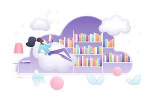 Woman reading book cloud library, an Illustration by Lemberg Vector