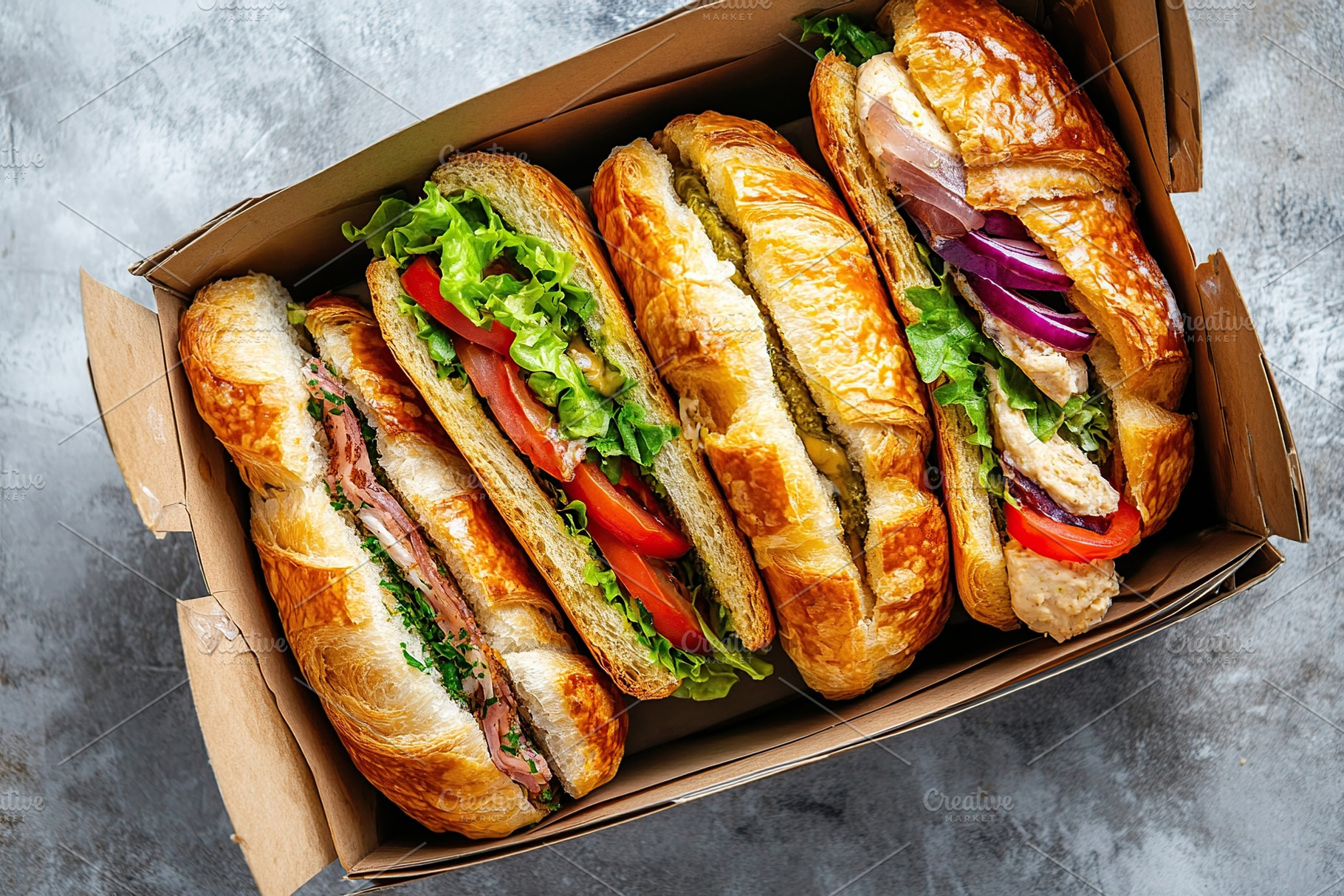 Different croissant sandwiches with meat, cheese and vegetables on grey backgro, a Food & Drink Photo by AlyaAnd