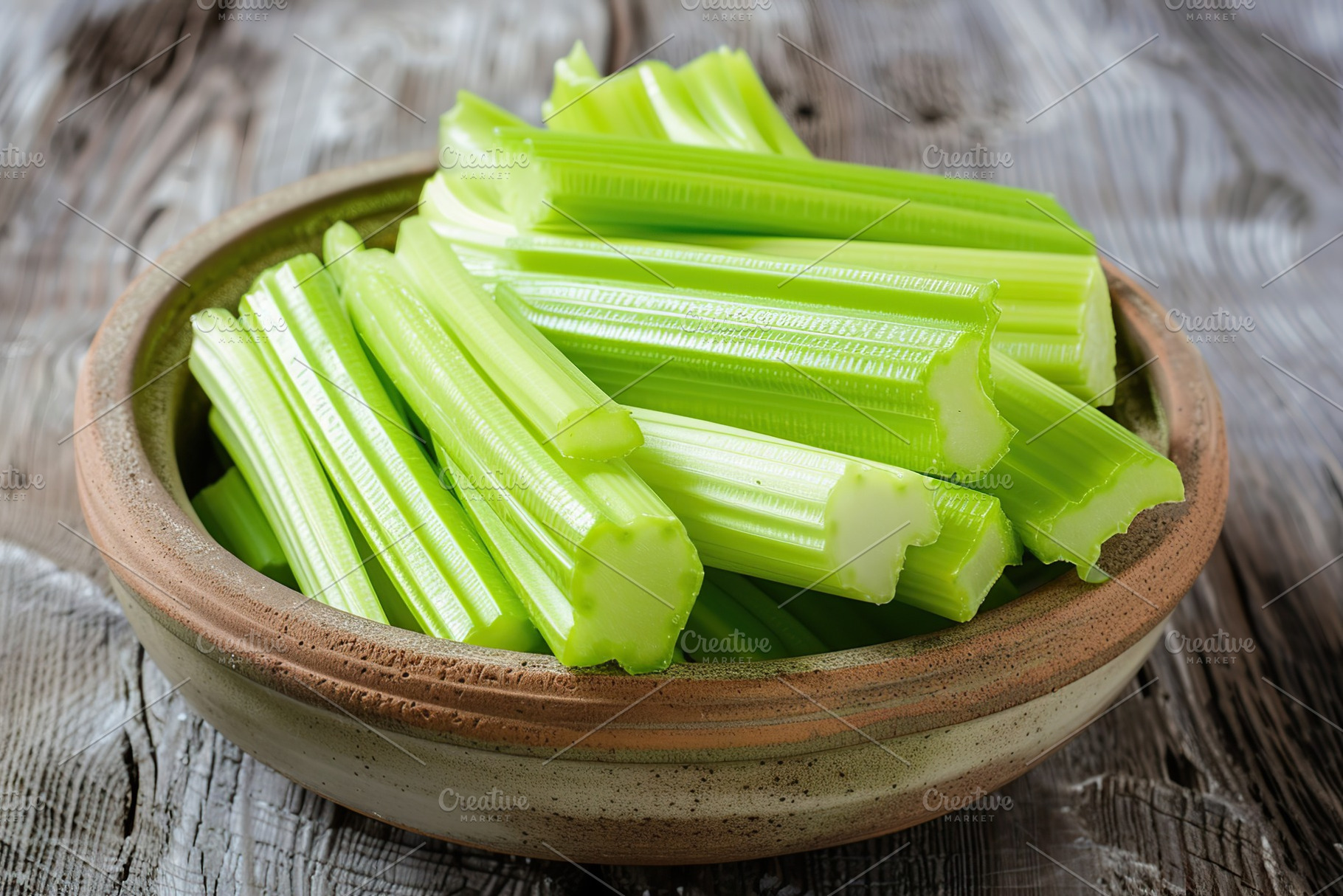 Green fresh celery pieces in bowl on wooden table, a Food & Drink Photo by AlyaAnd