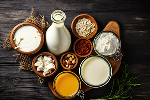 Fresh dairy products on wooden background, a Food & Drink Photo by AlyaAnd