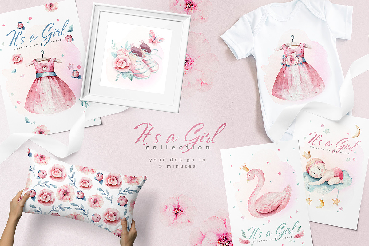 Baby girl watercolor collection, a Decorative Illustration by Peace ART