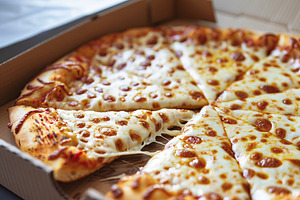 Fresh homemade cheese pizza in cardboard box, a Food & Drink Photo by AlyaAnd