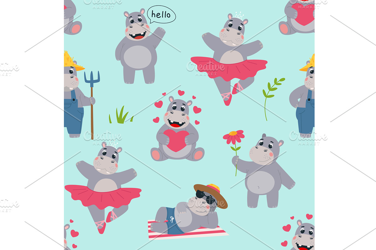 Funny hippo seamless pattern. Happy, an Animal Illustration by LadadikArt