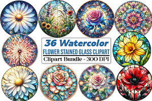 Round Flower Stained Glass Clipart, an Illustration by DreamCafeArt