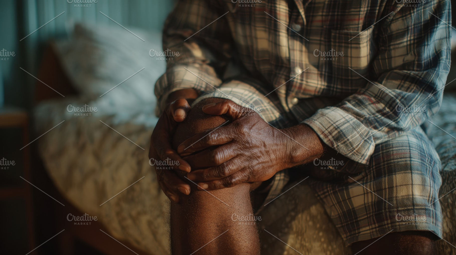 Elderly man sits on bed holding knee, a Photo by Beautiful things
