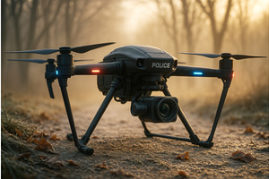 A police surveillance drone equipped, a Technology Illustration by Sergey Kotenev