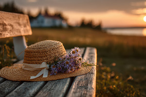 Straw hat with flowers on a bench at sunset, a Nature Photo by AlyaAnd