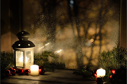 Christmas lantern with snowfall candles view from the window on the night, a Holiday Photo by ok_kate