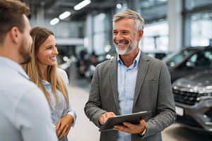 People talk in car dealership, a Photo by Beautiful things