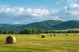 Hay bales dot golden fields, a Photo by Pavel_design