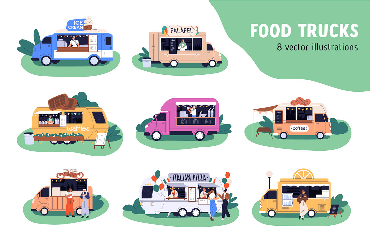 Street food trucks, cafe vans set, a Food Illustration by Good Studio (Photo 1 of 9)