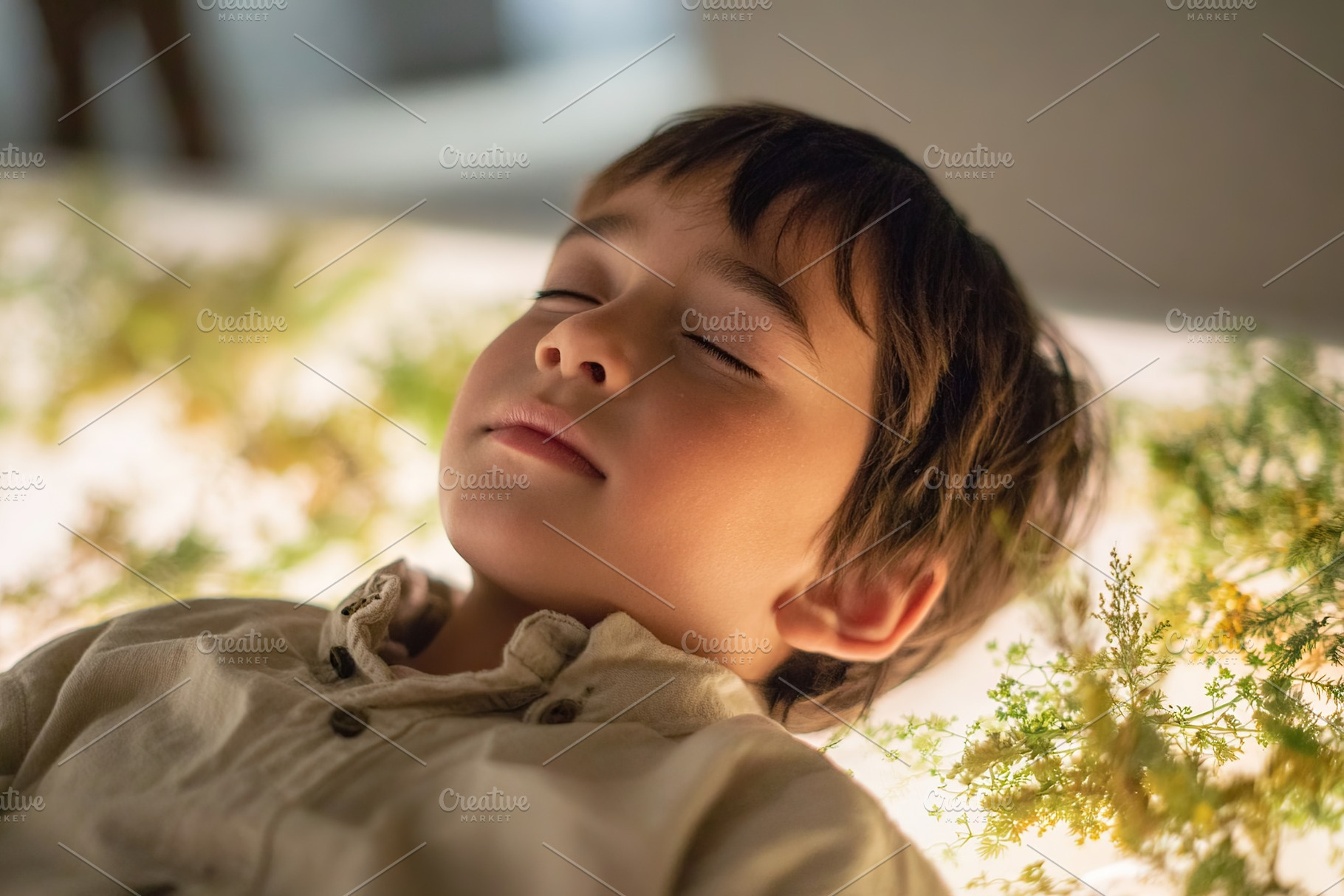 Young boy peacefully resting on a soft surface surrounded by greenery in a sere, a Photo by AlyaAnd