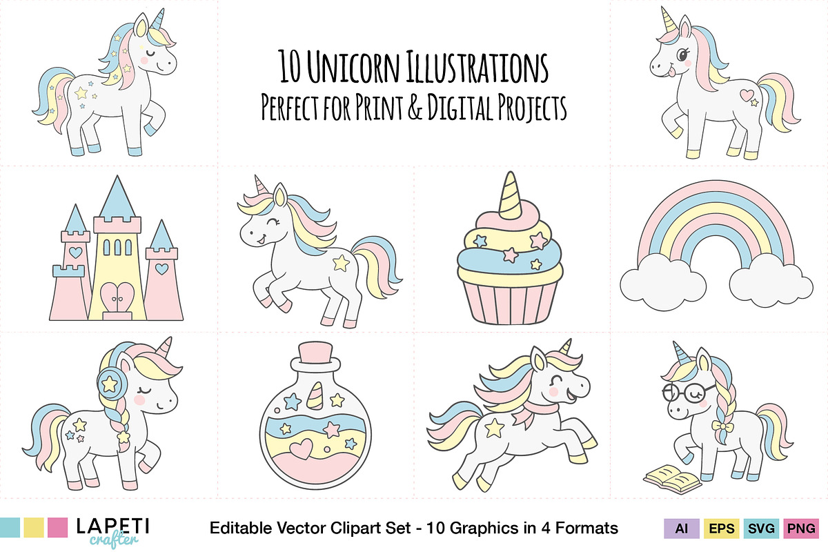 Pastel Unicorn Clipart Set, an Animal Illustration by Lapeticrafter (Photo 8 of 8)