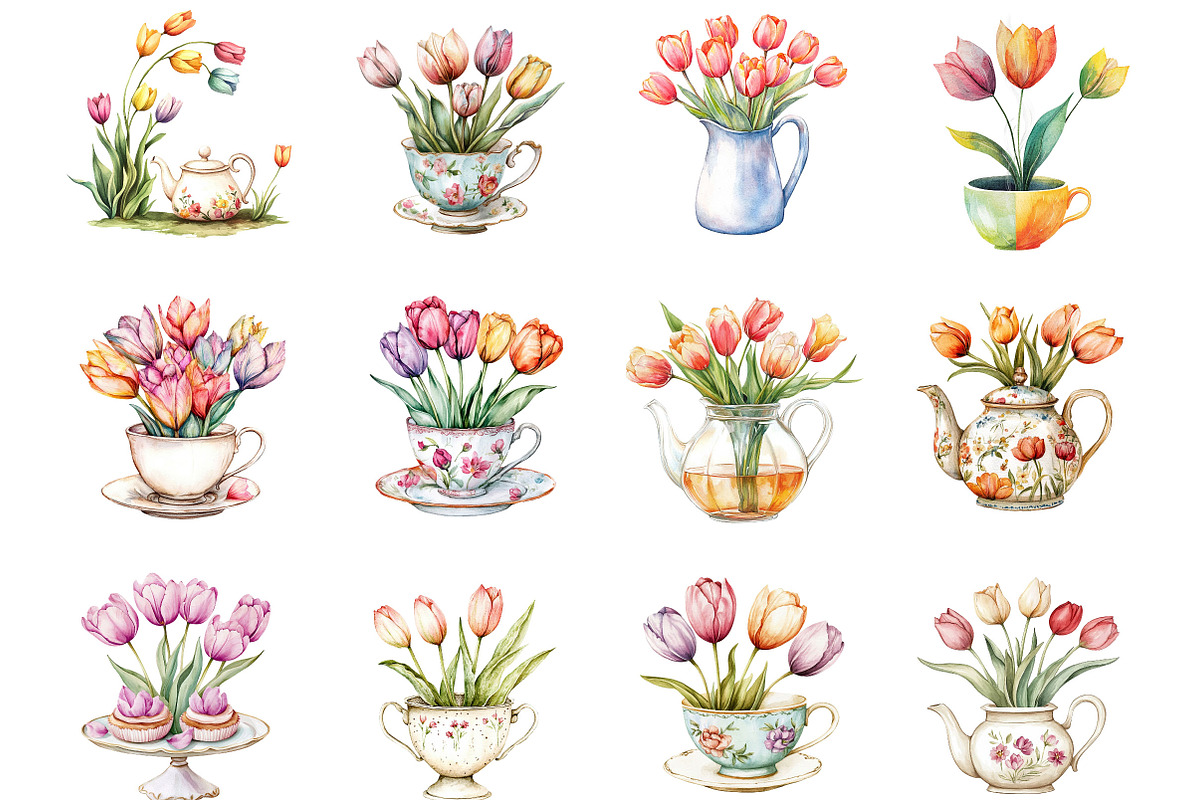 Watercolor Vintage Tulip Tea Time, an Illustration by Designking (Photo 2 of 5)