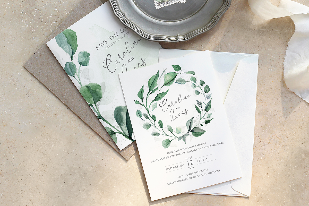 6 Piece Greenery Wedding Invite Set, an Invitation Template by R Whitehurst Design (Photo 8 of 11)