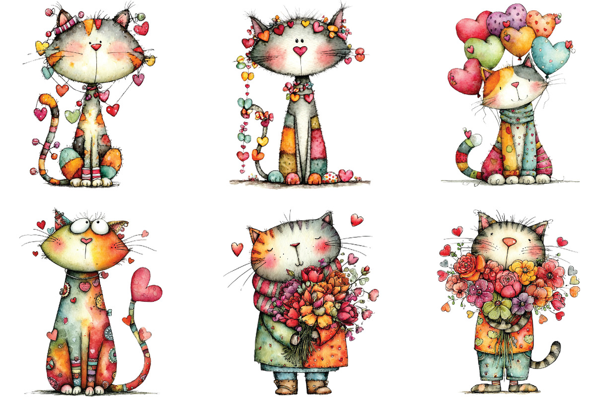 Quirky Valentine Day Cats Clipart, an Illustration by CraftArtStudio (Photo 3 of 6)