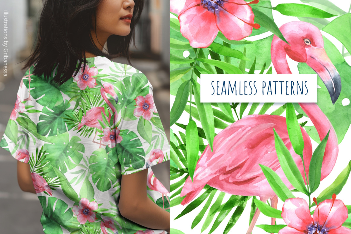 Flamingo Watercolor Patterns, a Decorative Illustration by Gribanessa (Photo 2 of 4)