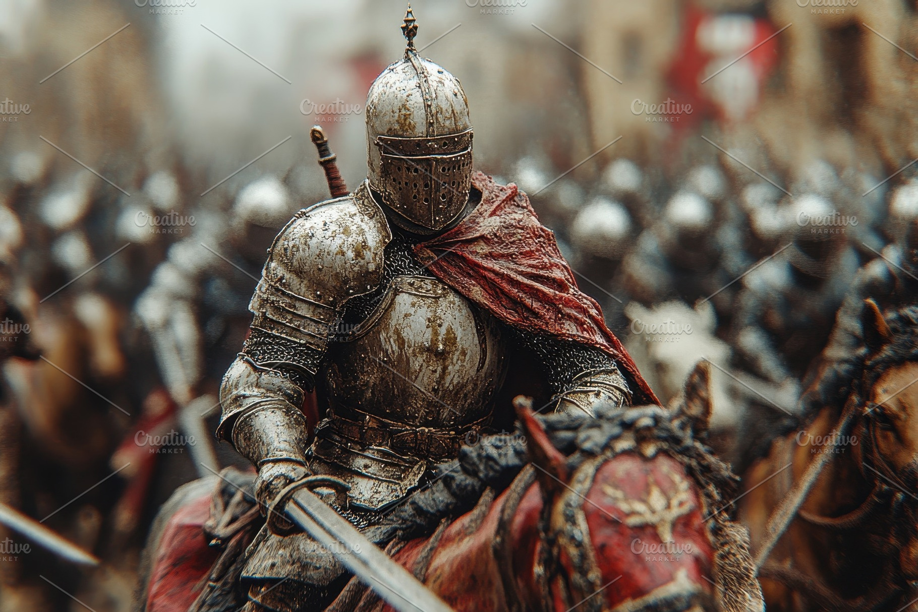 Knights in armor lead a cavalry char, a Photo by Tanuart