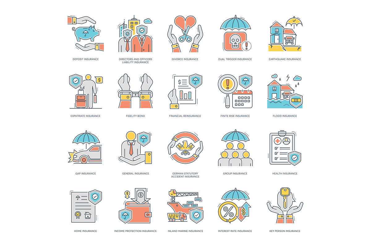100 Insurance Color Line Icons, an Icon by Flat Icons