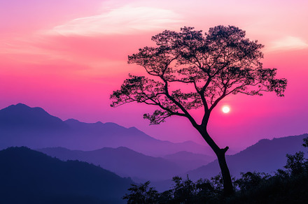 Silhouetted tree against a vibrant s, a Photo by Tanuart