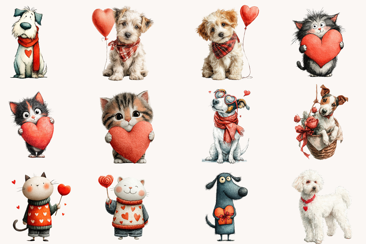 Valentine cat and dog clipart bundle, an Illustration by Designworld (Photo 3 of 10)