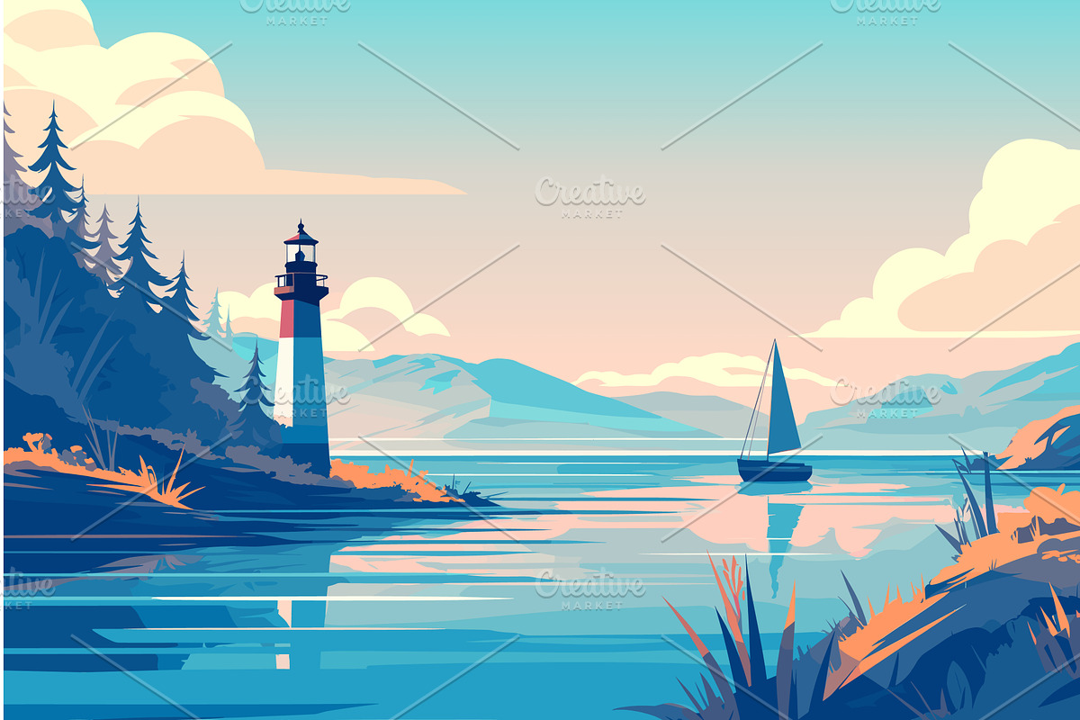 Cartoon lonely yacht in the bay with, an Illustration by LadadikArt