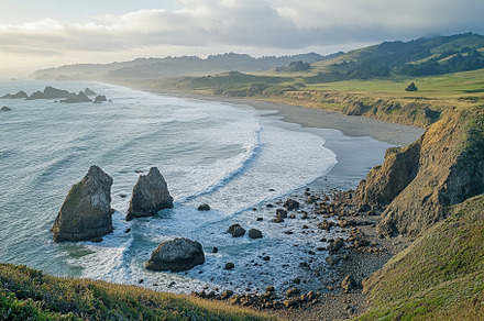 Waves lap against a rugged coastline, a Photo by Tanuart