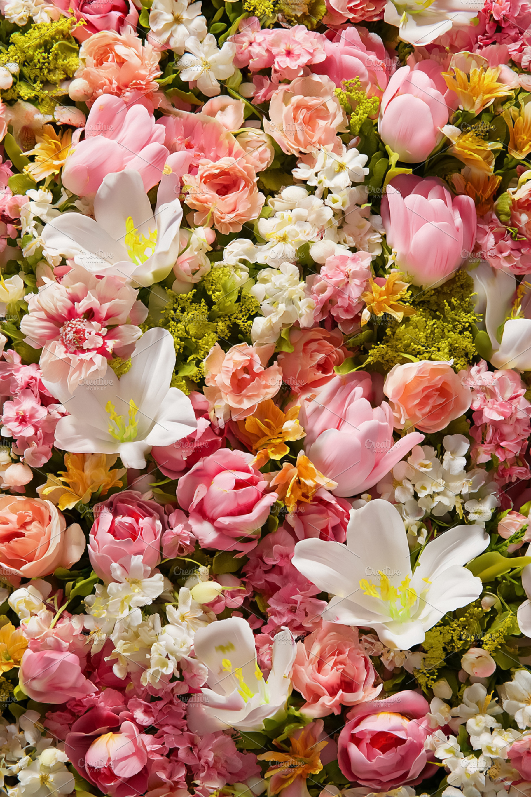 Lush floral background showing a dense mix of pink roses, white, a Photo by Studio ANNA