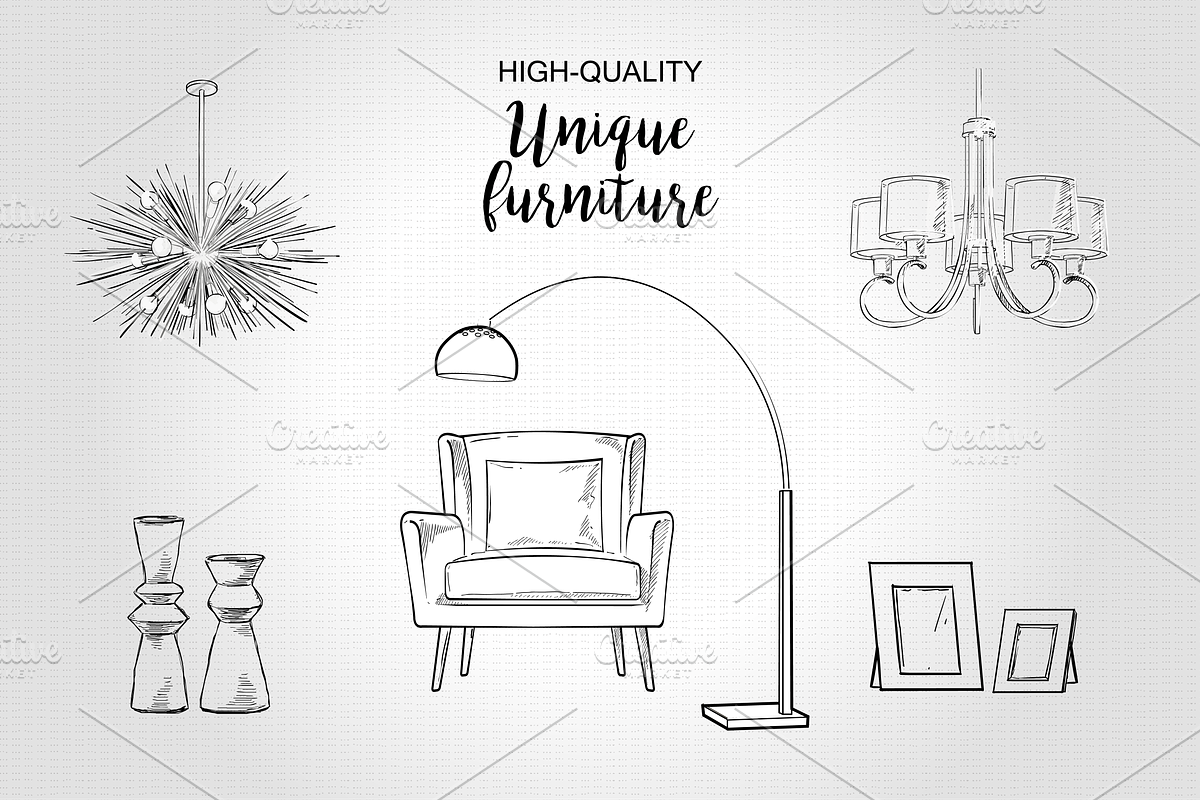 Furniture Hand drawn Vector set#2, a Decorative Illustration by Alltruecolours (Photo 2 of 4)