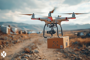 Drone delivering package along remot, a Photo by Tanuart